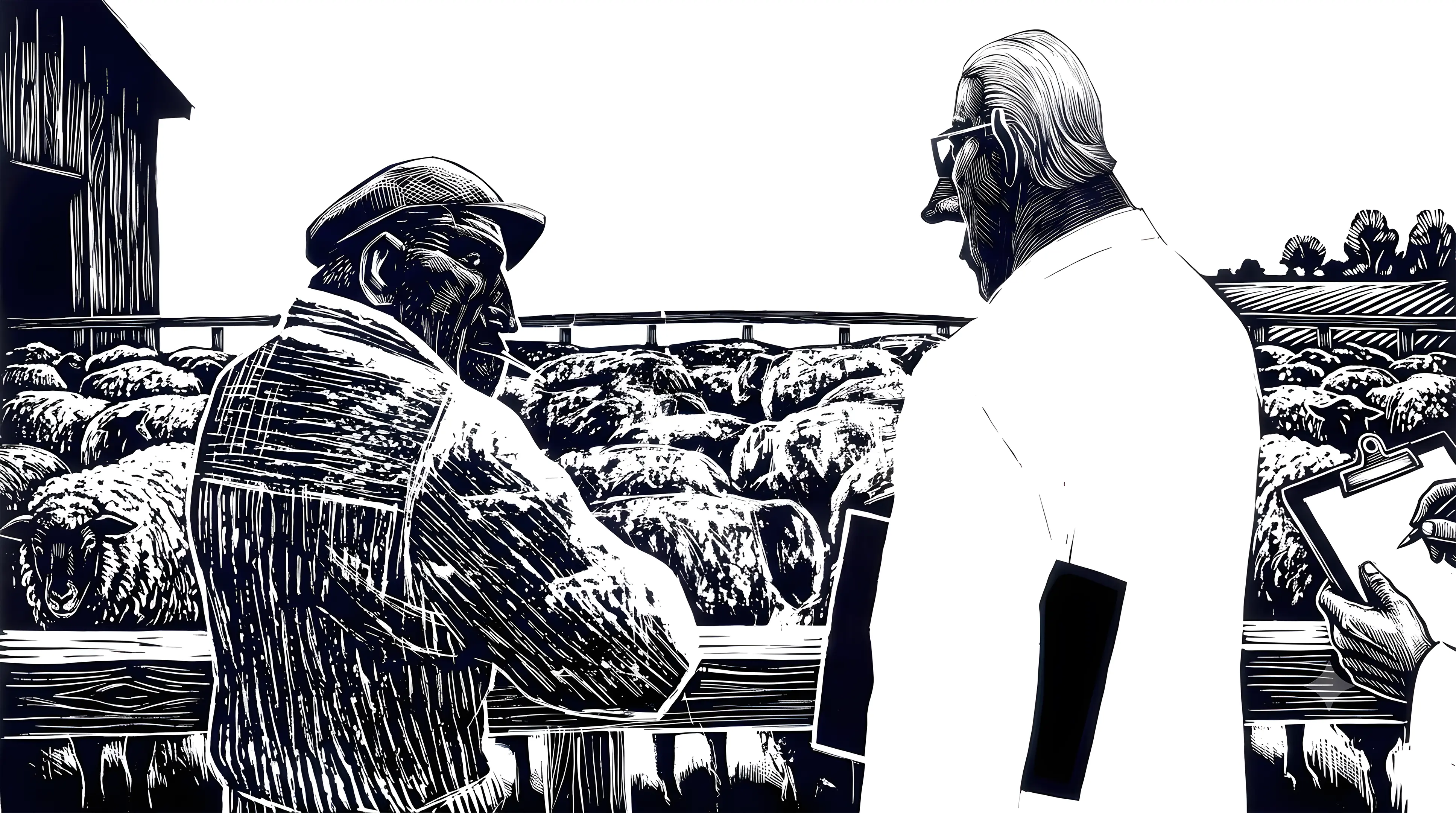 A farmer and an inspector standing over a flock of sheep